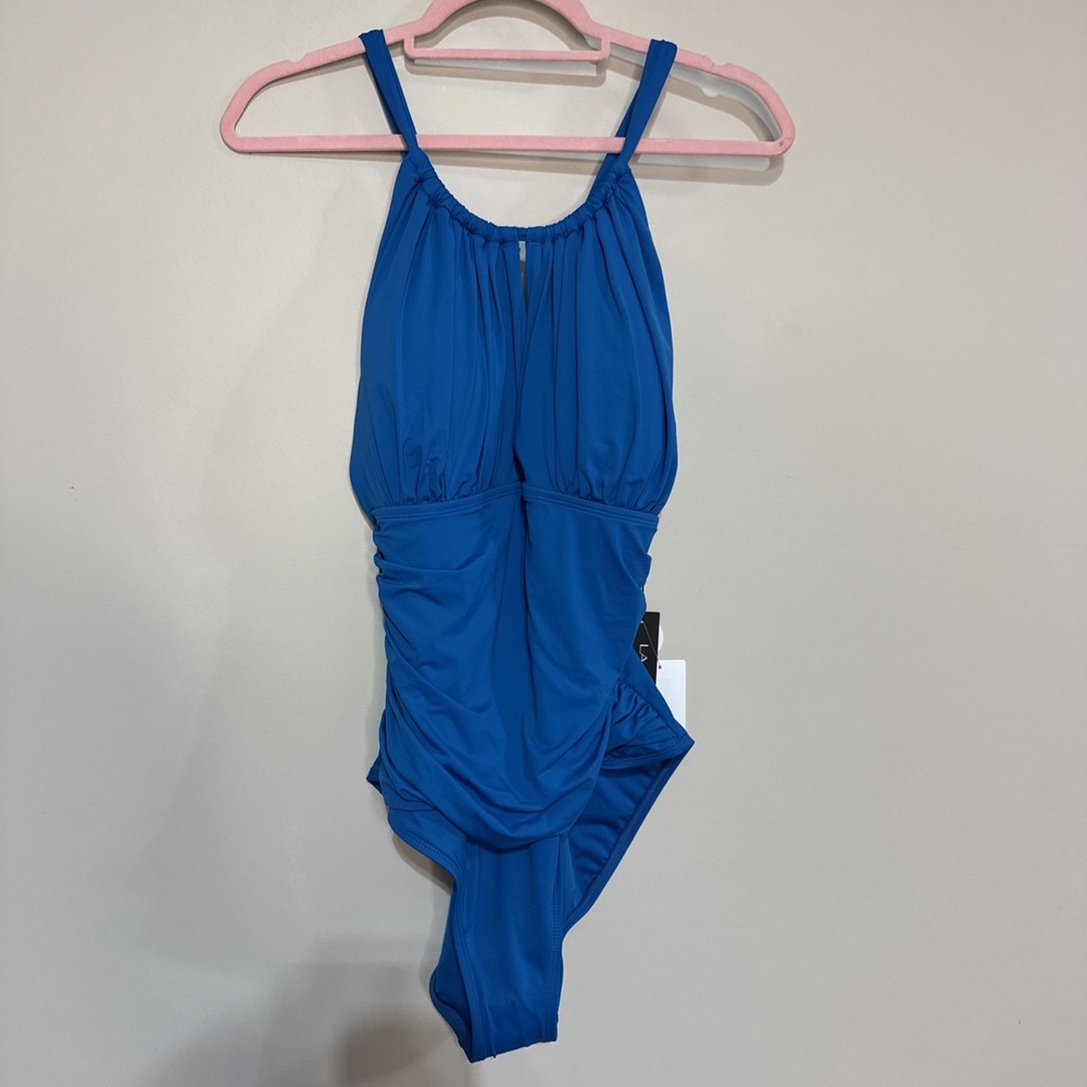 La Blanca Island Goddess High Neck Keyhole One-Piece- Lapis Blue, Sz 16 NWT #114